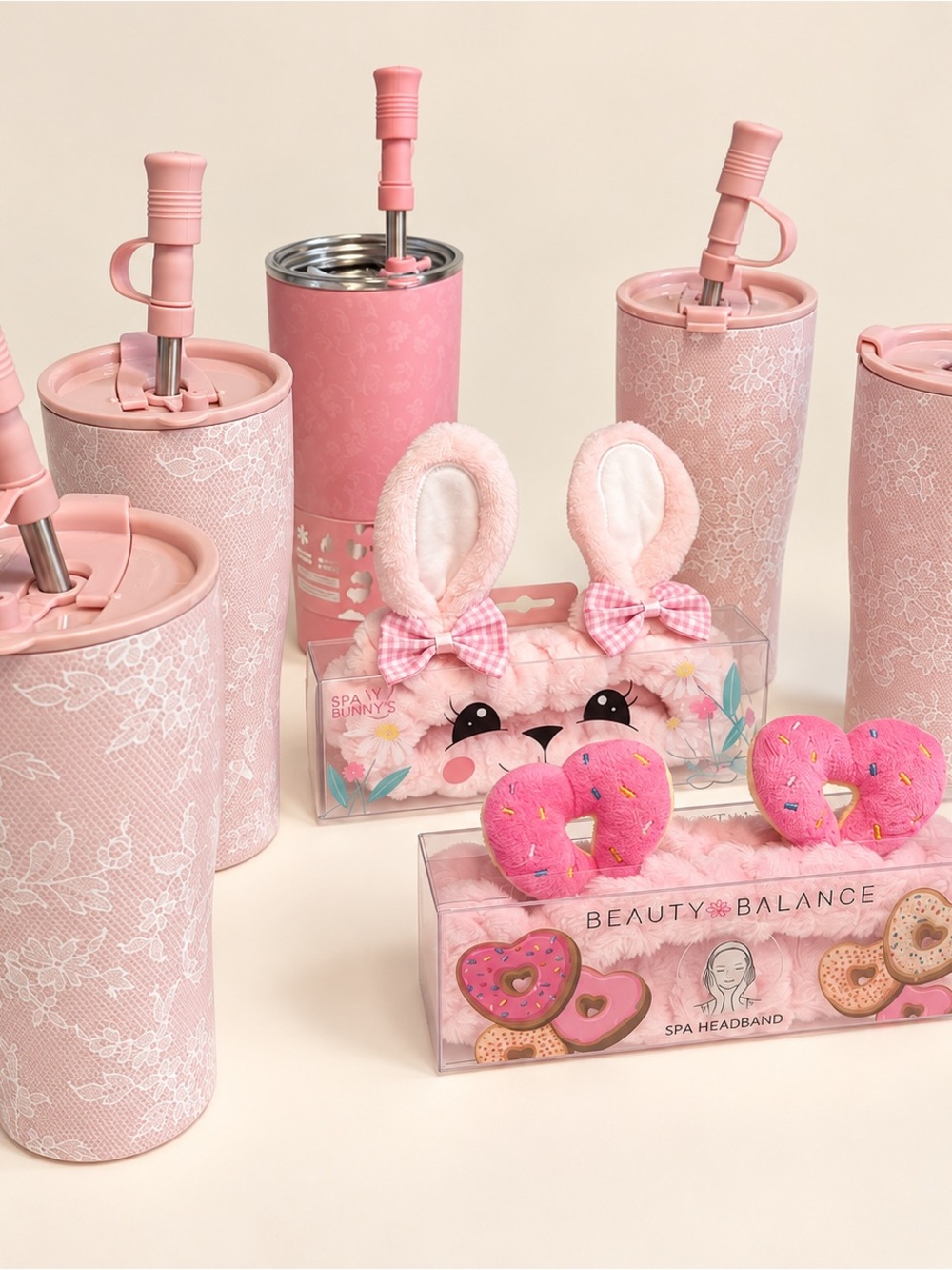 Pink Tumbler & Spa Headband Gift Bundle – 7 Pieces
